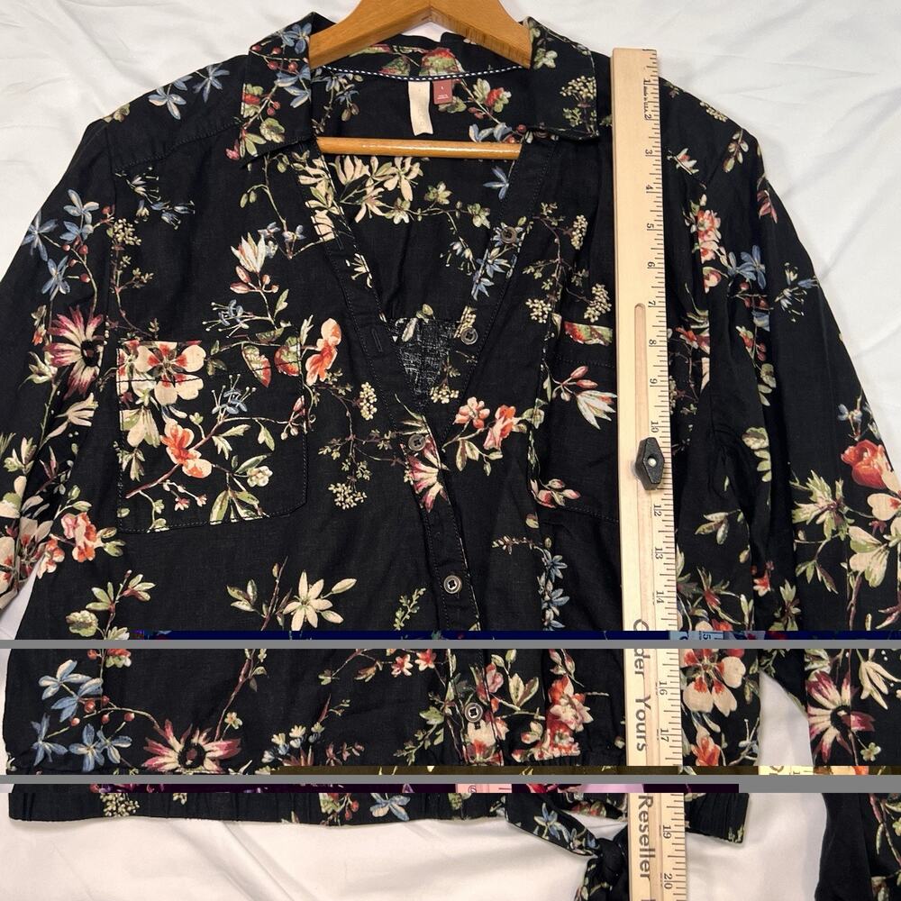Anthropologie Pilcro Top Size L Black Floral Cropped Waist-tie Linen Blend Fall - Picture 8 of 14